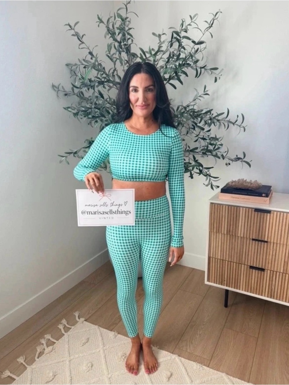 Seamless Long-Sleeve Crop Top & Legging Set - Mint Gingham